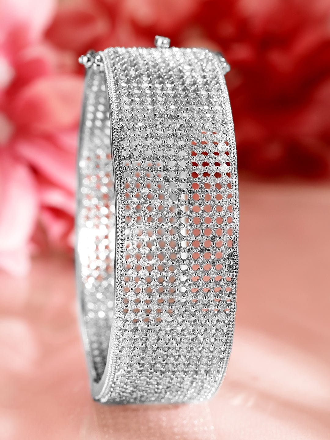 Rubans Rhodium-Plated AAA Cubic Zirconia Studded Premium Openable Bangle Bracelet Silver