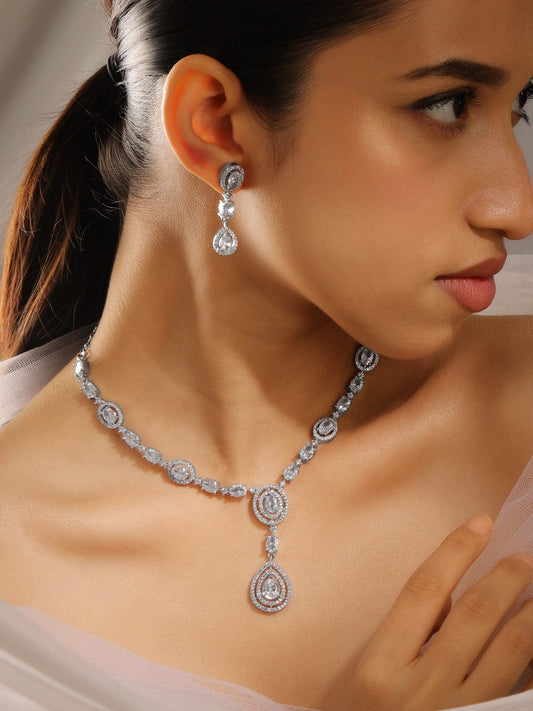 Teardrop Studded Necklace Set in American Diamond Zirconia フリーサイズ