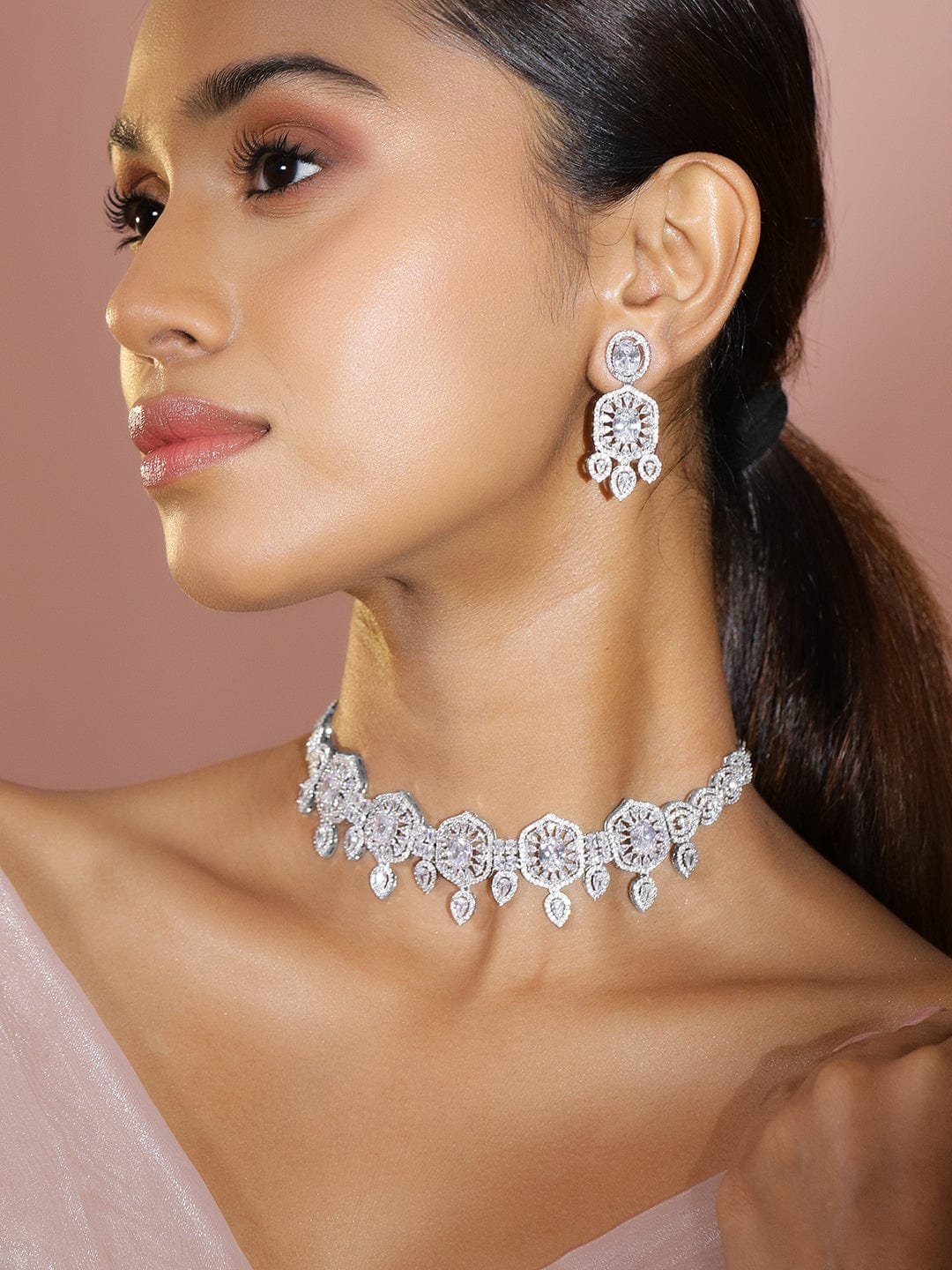 Studded Choker Set in American Diamond Zirconia フリーサイズ