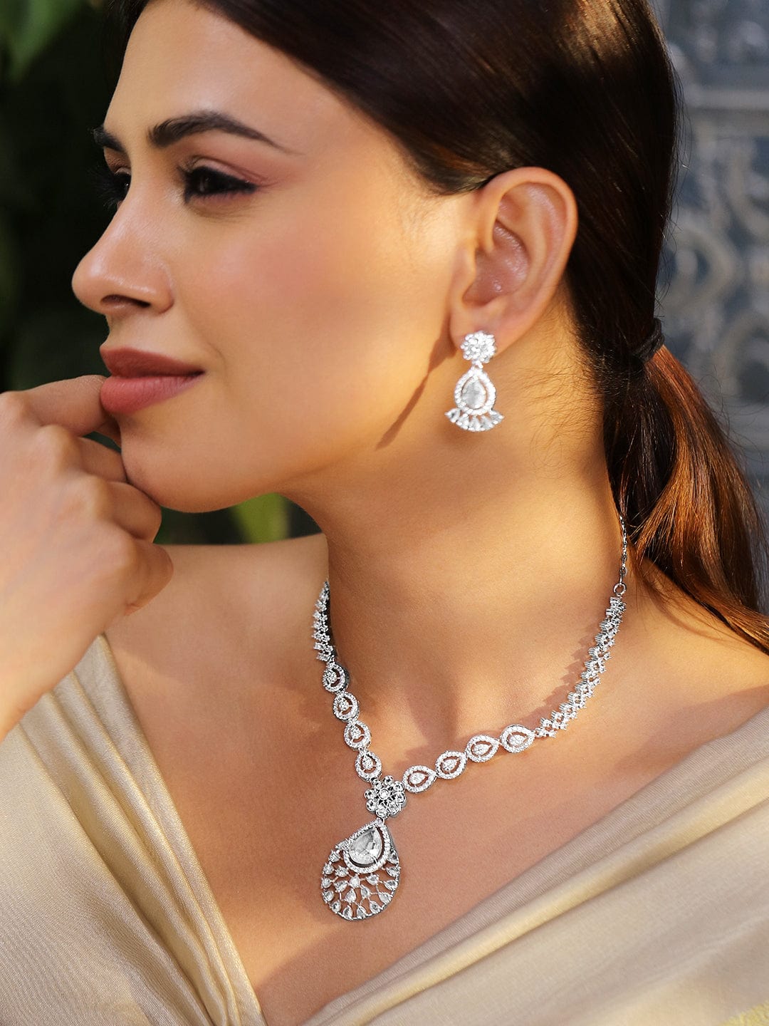 American Diamond Zirconia White Necklace Set Silver