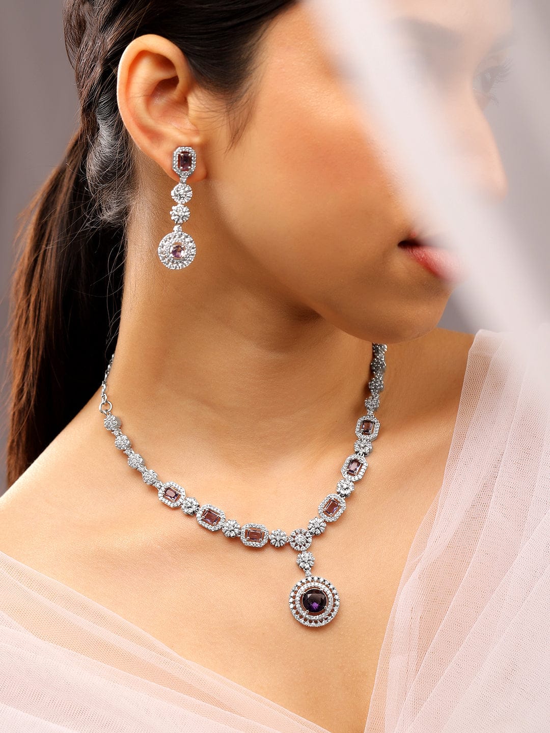 American Diamond Zirconia Purple Studded Necklace Set フリーサイズ