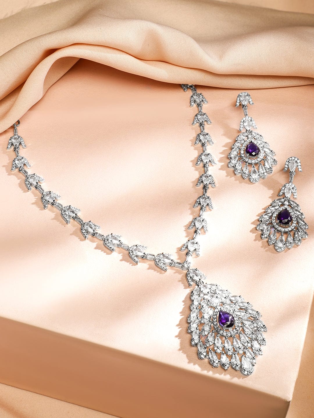 Blue Teardrop American Diamond Zirconia Necklace Set Purple