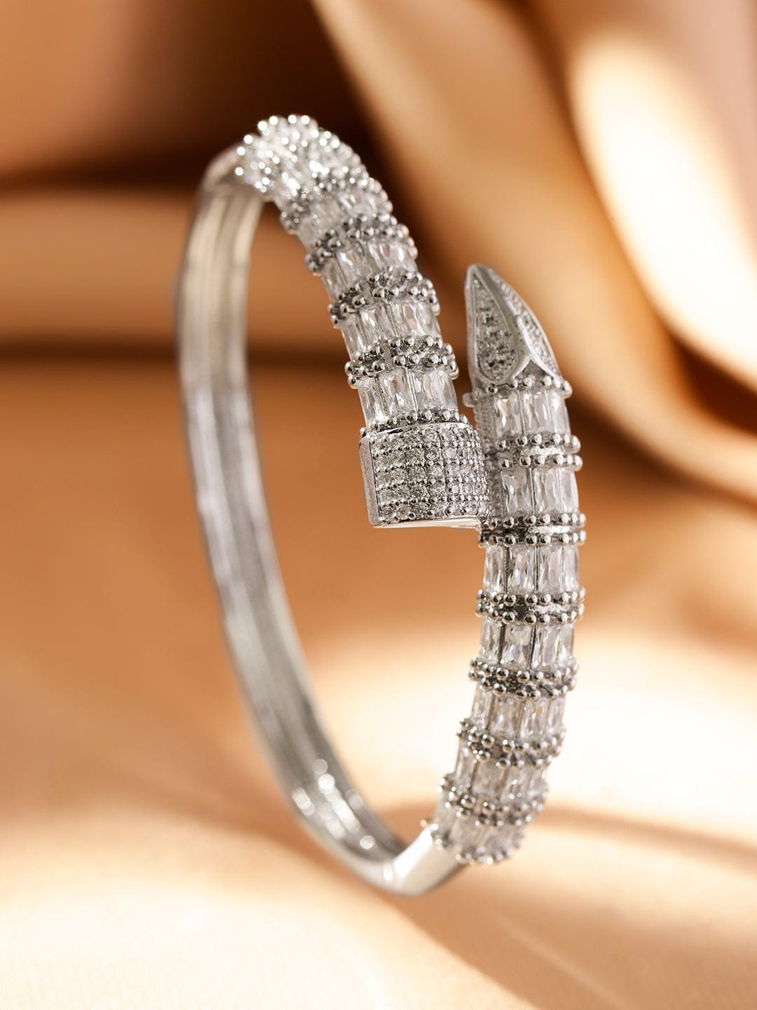 Rubans Rhodium-Plated Baguette-Cut Cubic Zirconia Openable Serphant Bracelet Silver