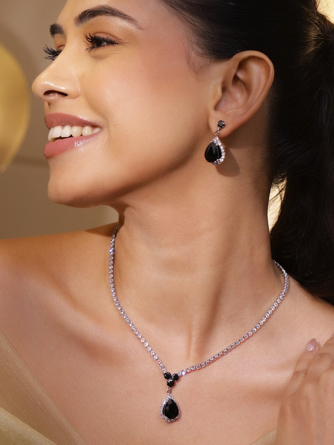 Black American Diamond Zirconia Teardrop Necklace Set フリーサイズ