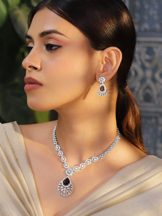 American Diamond Zirconia Black Accented Necklace Set Black