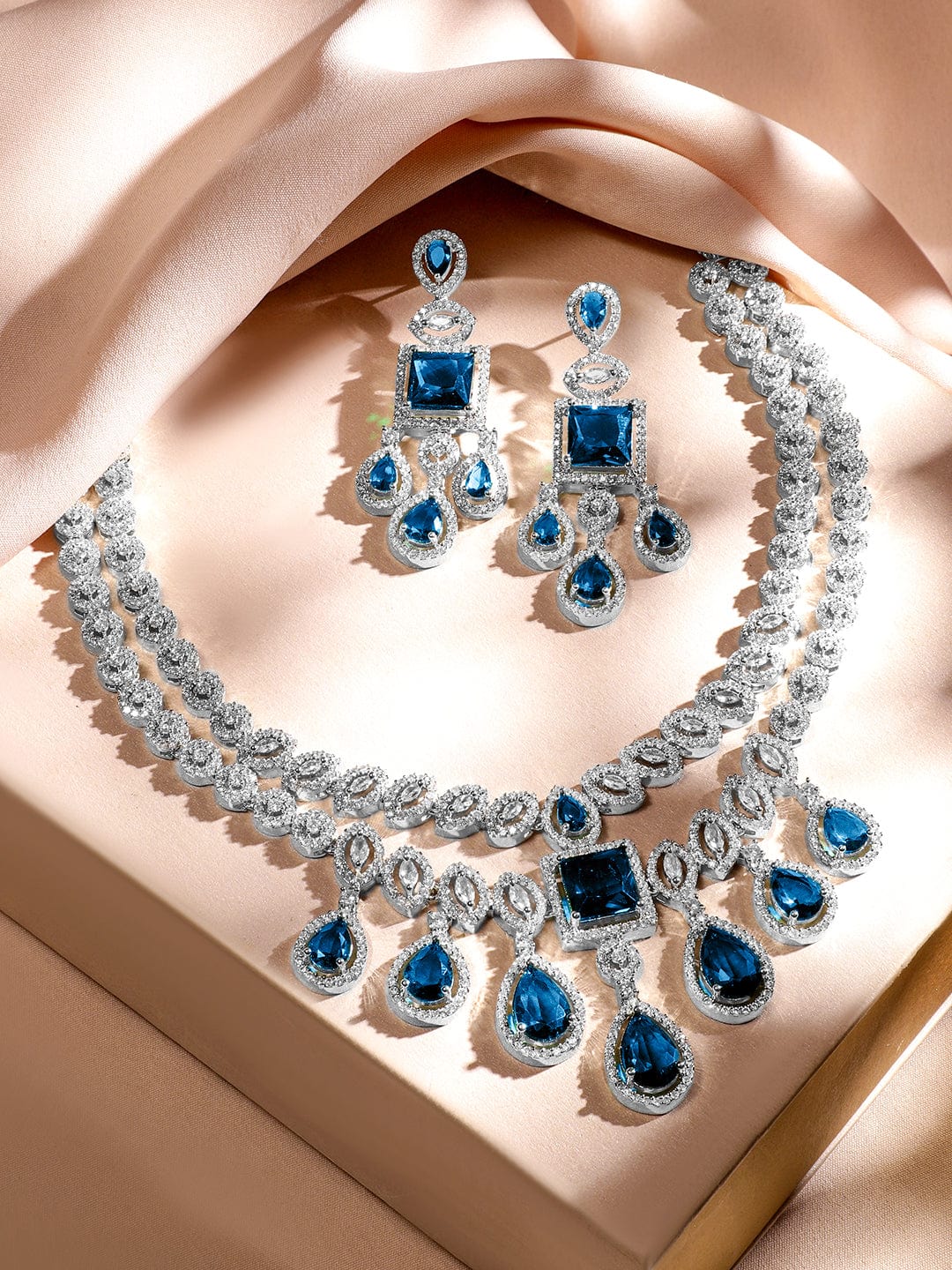 Blue American Diamond Zirconia Two-Layered Necklace Set フリーサイズ