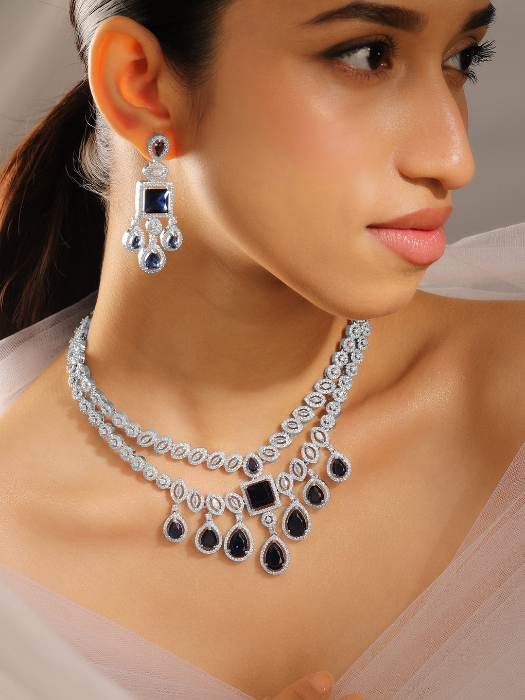 Blue American Diamond Zirconia Two-Layered Necklace Set フリーサイズ