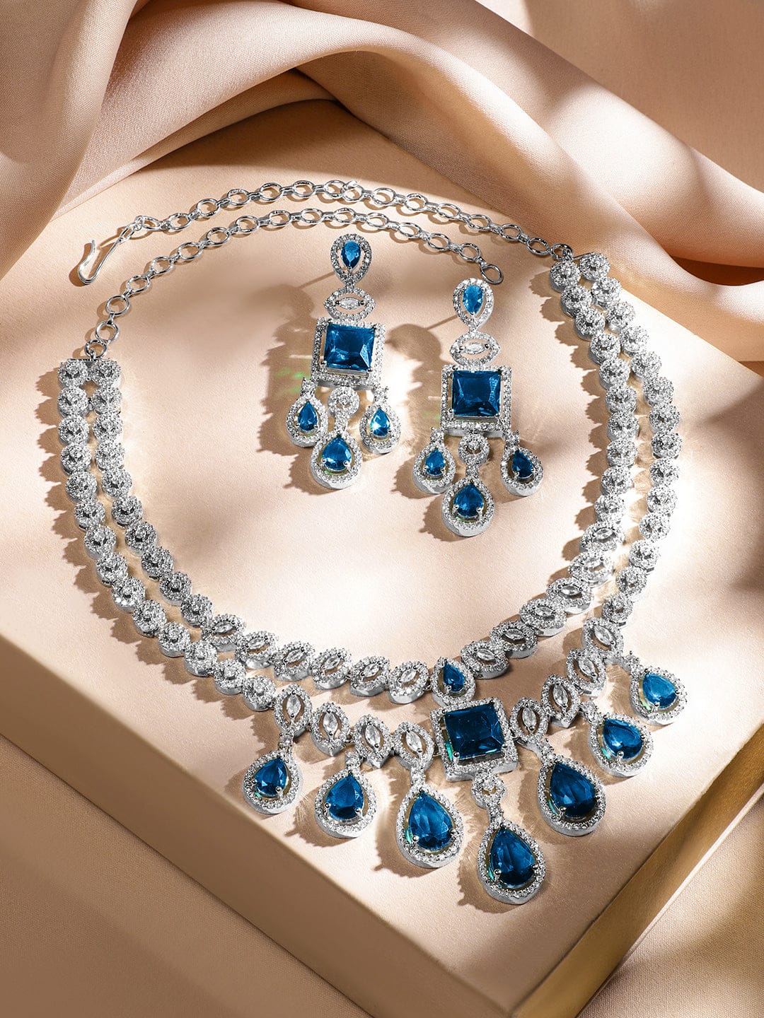 Blue American Diamond Zirconia Two-Layered Necklace Set フリーサイズ