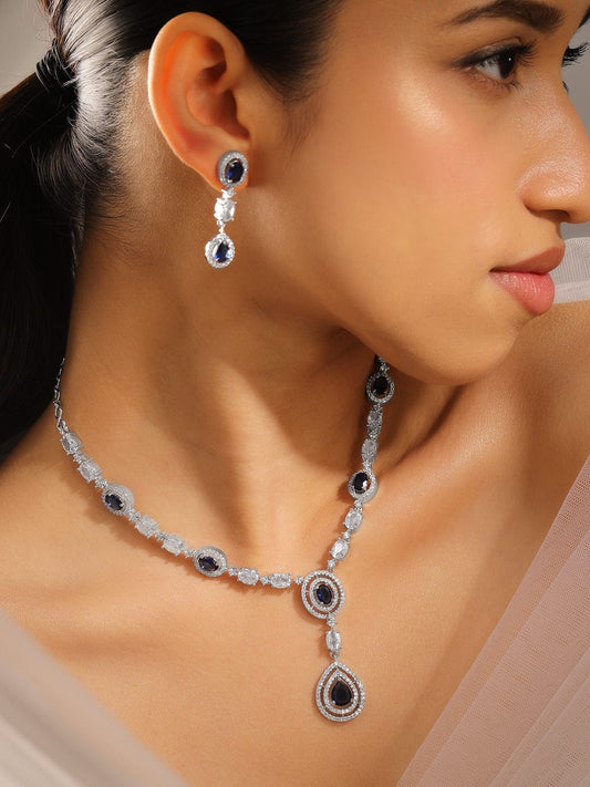 Blue American Diamond Zirconia Layered Necklace Set フリーサイズ