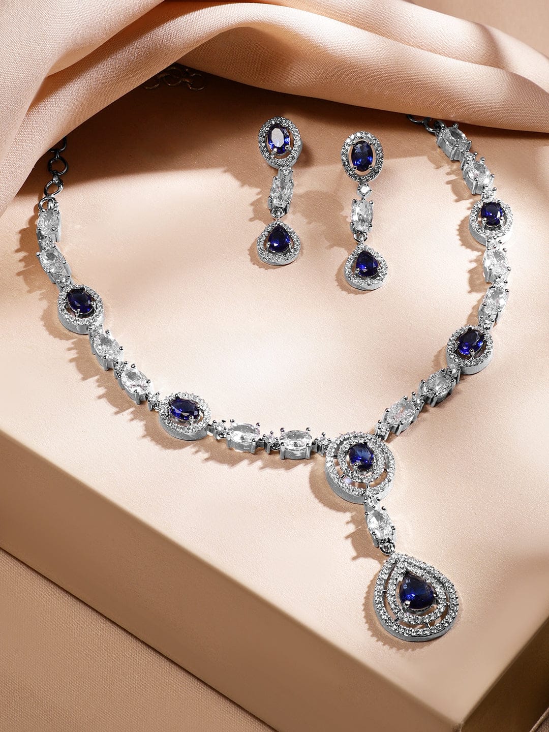 Blue American Diamond Zirconia Layered Necklace Set フリーサイズ