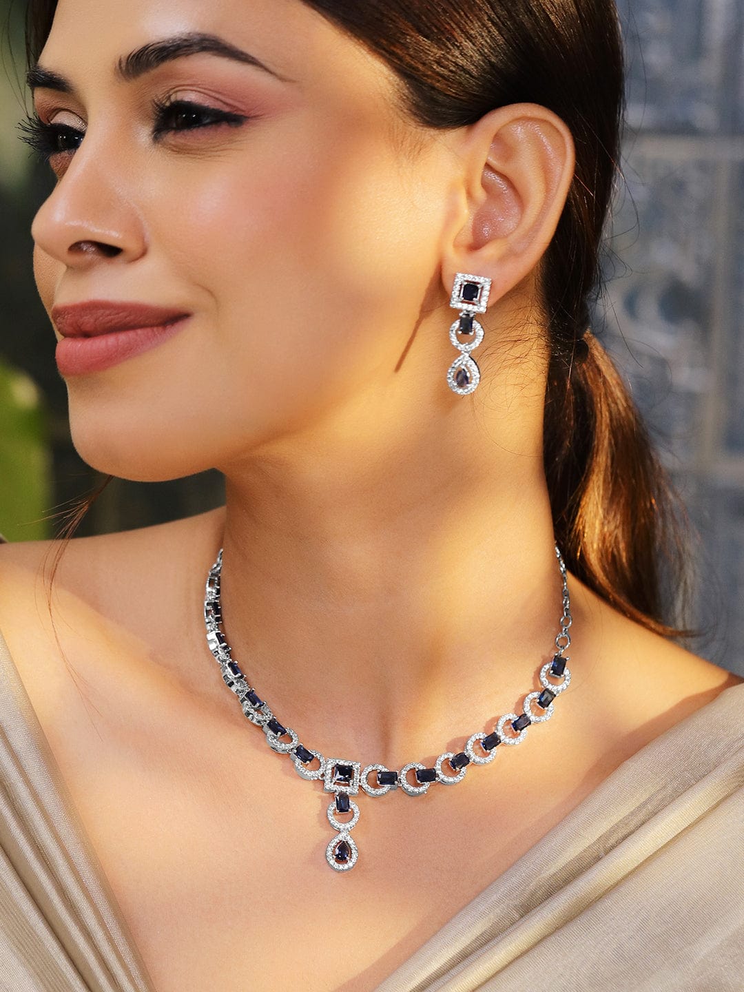 Studded American Diamond Zirconia Blue Necklace Set Blue