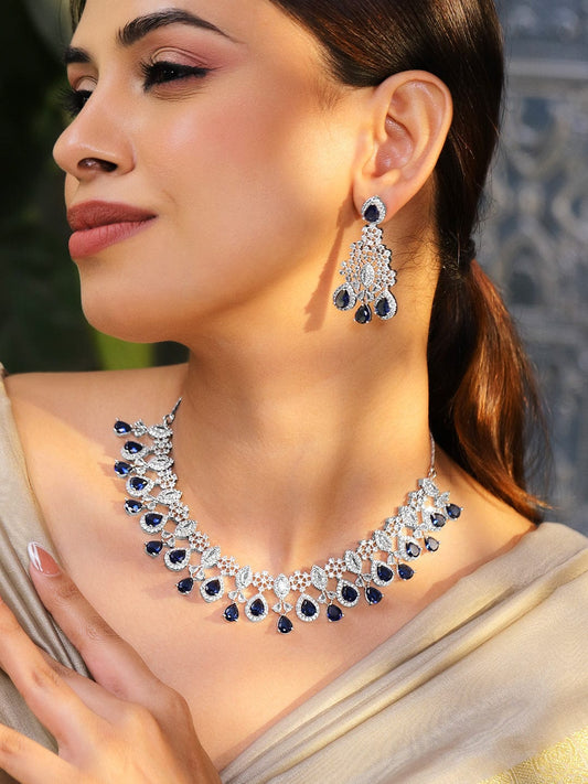 American Diamond Zirconia Blue Necklace Set Blue