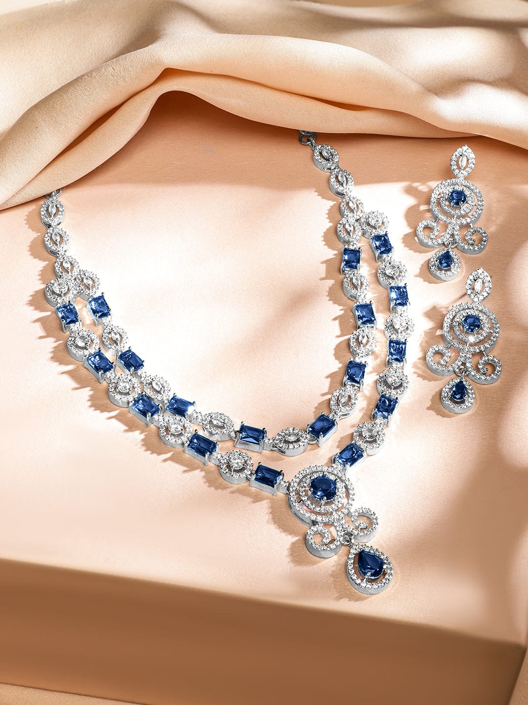 Blue Studded American Diamond Zirconia Layered Necklace Set Blue
