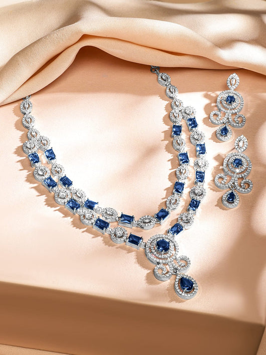 Blue Studded American Diamond Zirconia Layered Necklace Set Blue