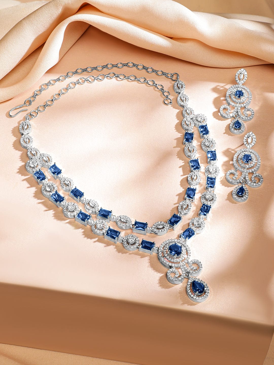 Blue Studded American Diamond Zirconia Layered Necklace Set Blue