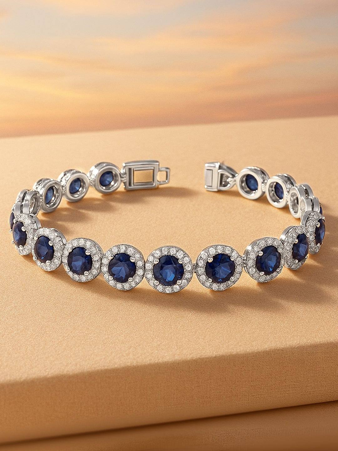 Rubans Rhodium-Plated Blue Sapphire & Cubic Zirconia Studded Tennis Bracelet Blue