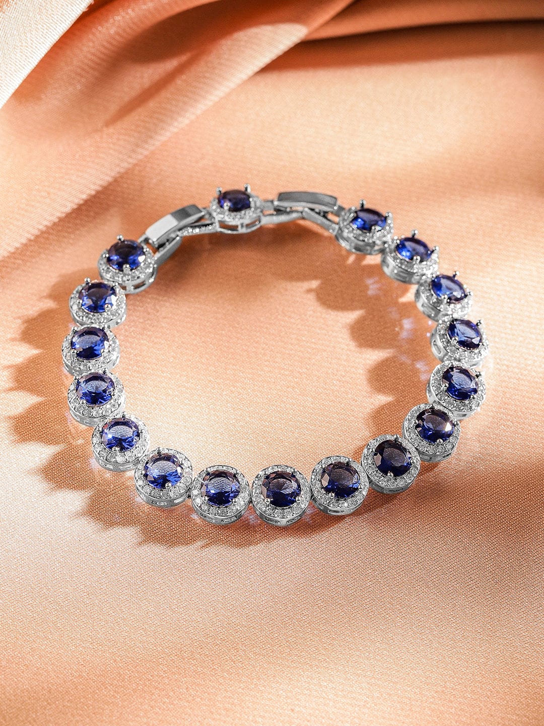 Rubans Rhodium-Plated Blue Sapphire & Cubic Zirconia Studded Tennis Bracelet Blue