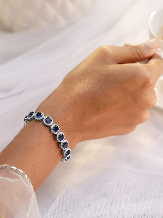 Rubans Rhodium-Plated Blue Sapphire & Cubic Zirconia Studded Tennis Bracelet Blue