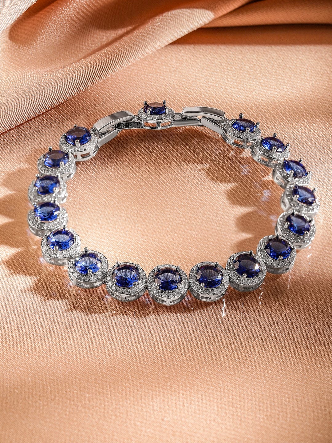 Rubans Rhodium-Plated Blue Sapphire & Cubic Zirconia Studded Tennis Bracelet Blue