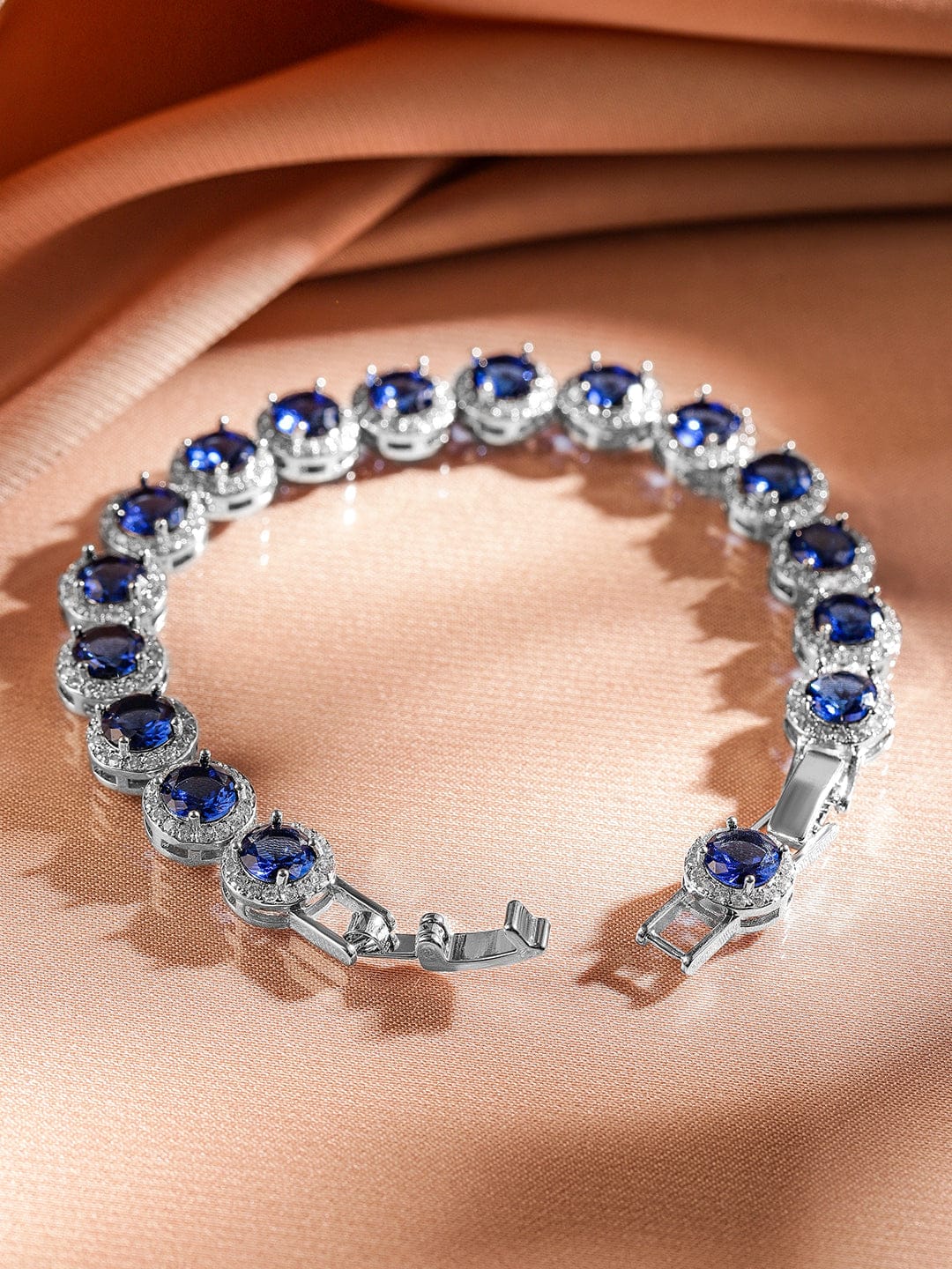 Rubans Rhodium-Plated Blue Sapphire & Cubic Zirconia Studded Tennis Bracelet Blue