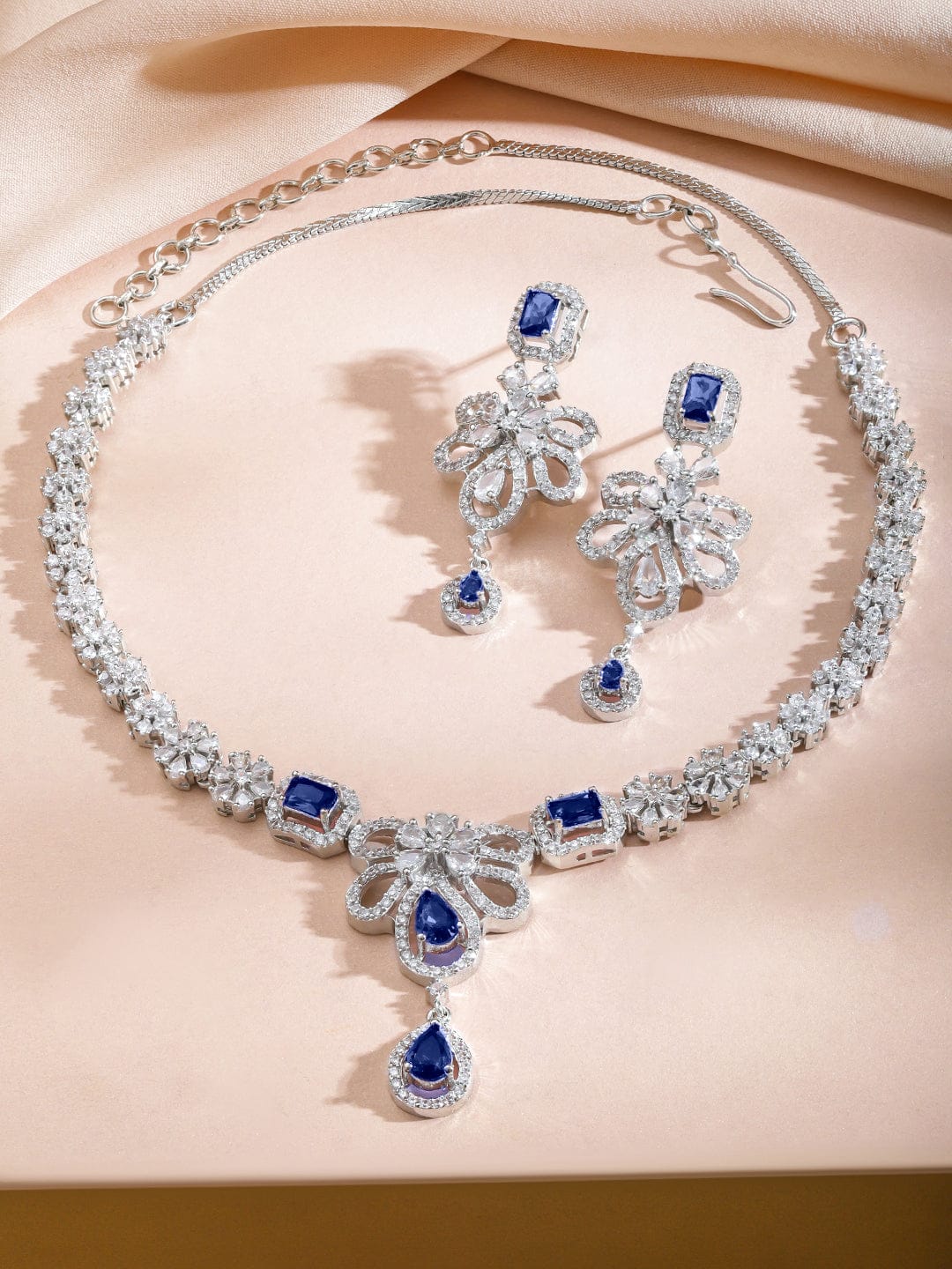Blue Floral American Diamond Zirconia Studded Necklace Set フリーサイズ