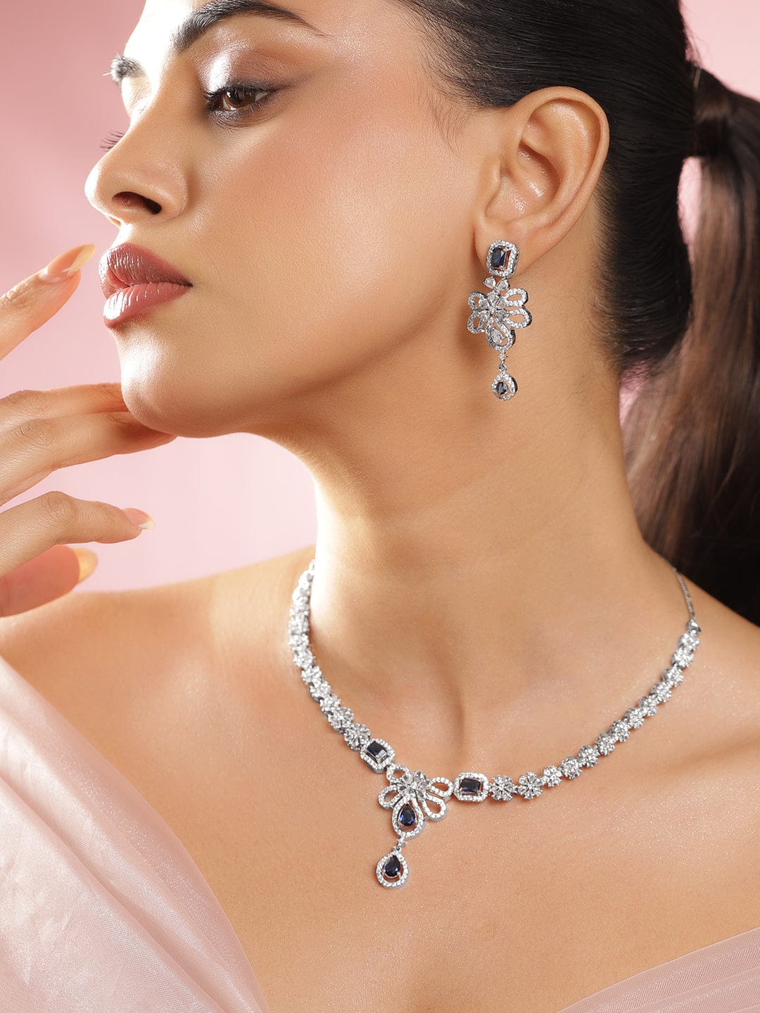 Blue Floral American Diamond Zirconia Studded Necklace Set フリーサイズ