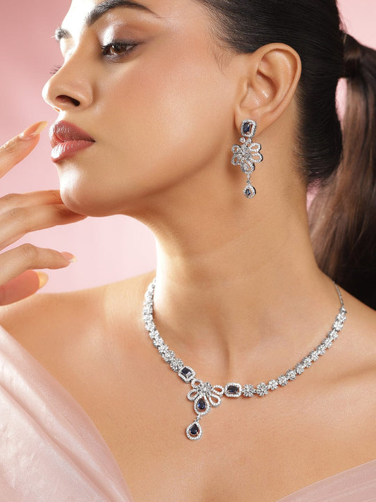 Blue Floral American Diamond Zirconia Studded Necklace Set フリーサイズ