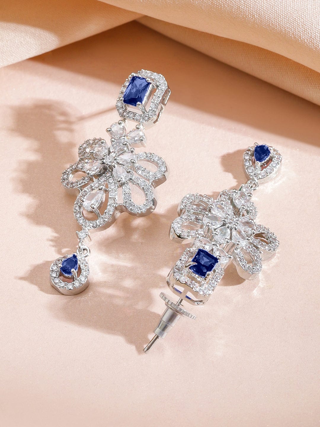 Blue Floral American Diamond Zirconia Studded Necklace Set フリーサイズ