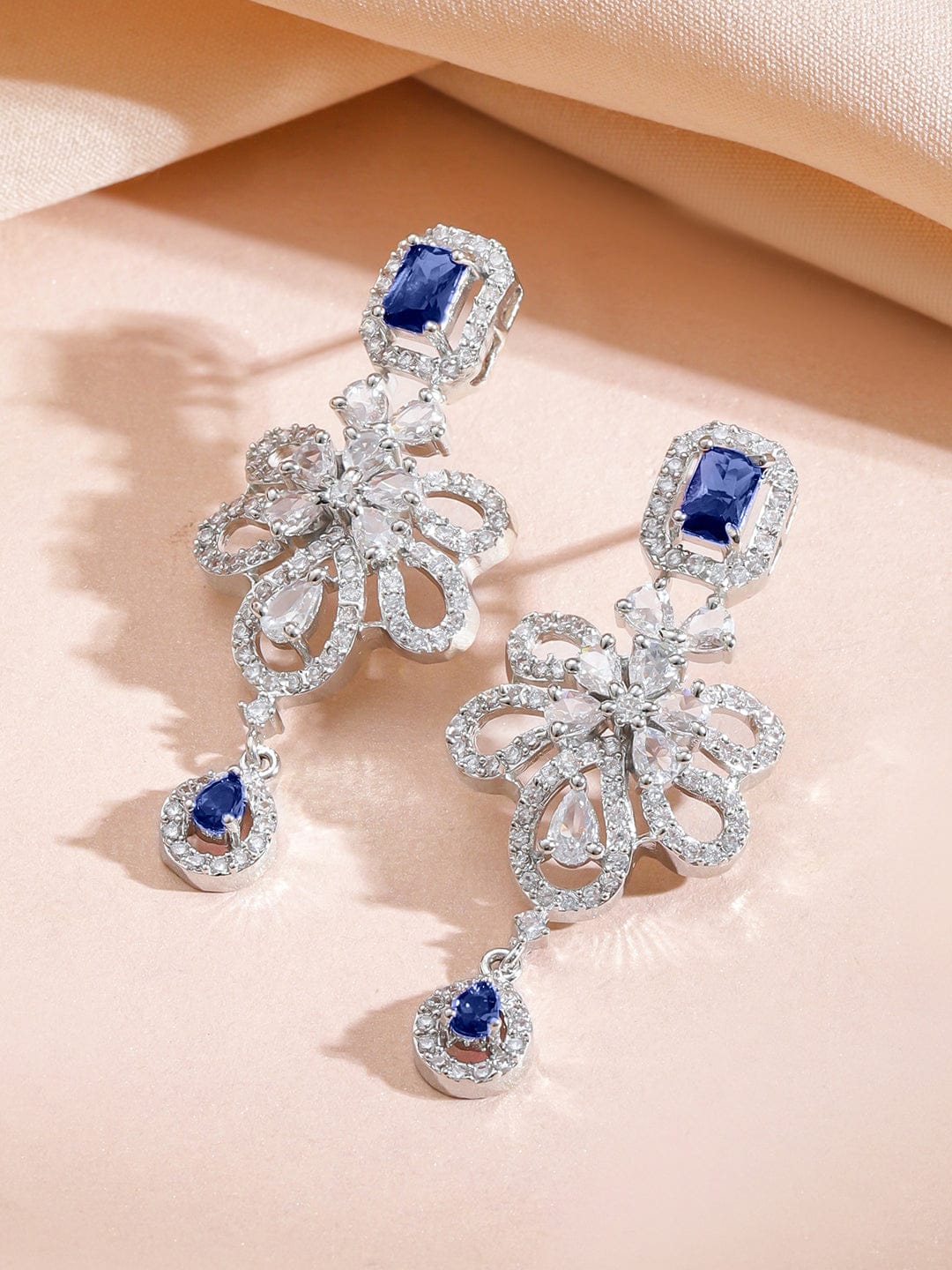 Blue Floral American Diamond Zirconia Studded Necklace Set フリーサイズ