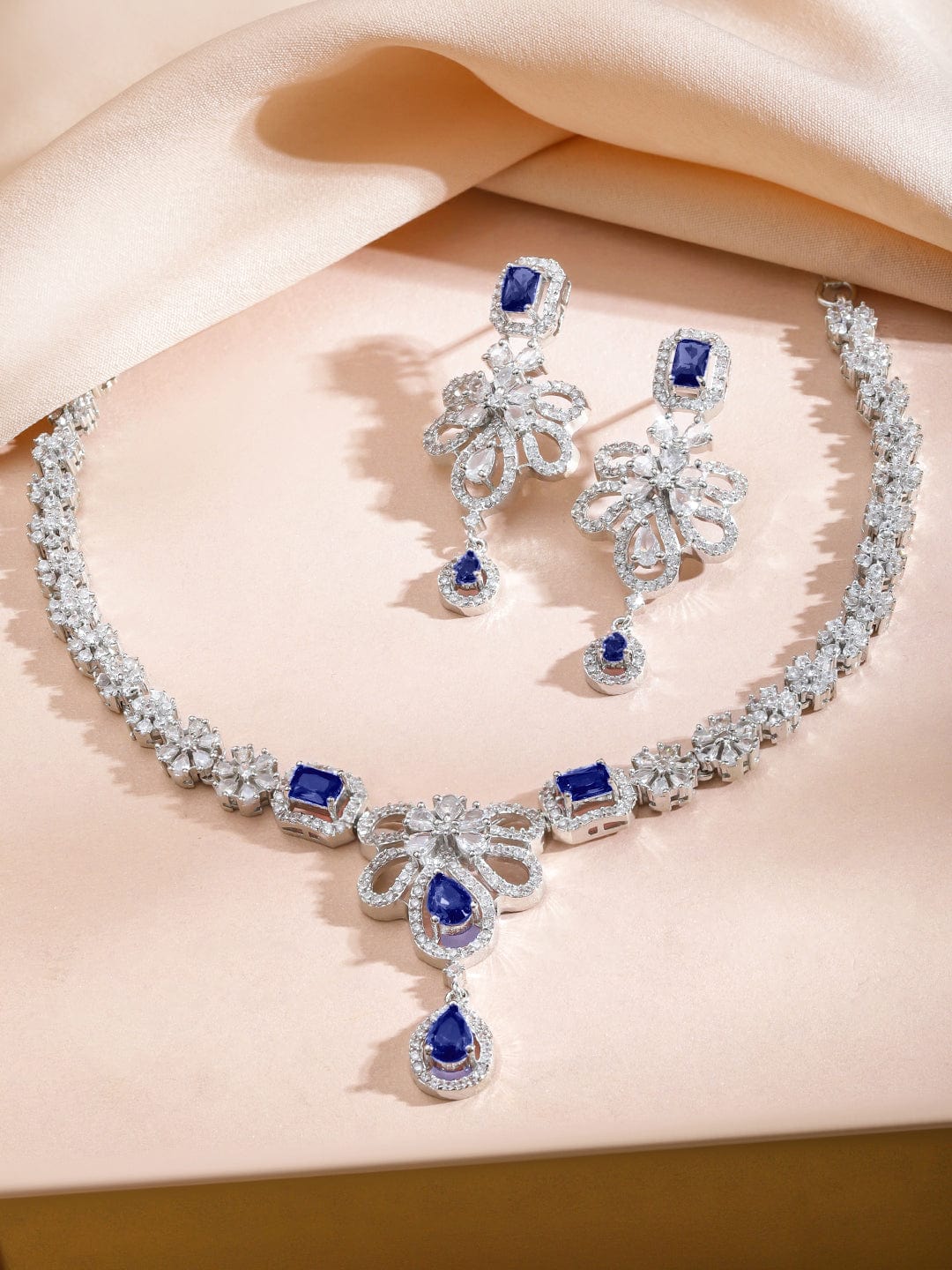 Blue Floral American Diamond Zirconia Studded Necklace Set フリーサイズ