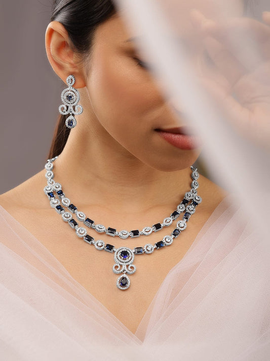 Blue Studded American Diamond Zirconia Layered Necklace Set Blue