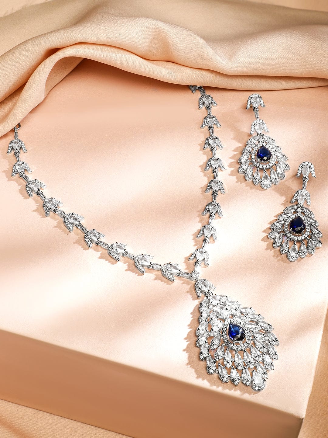 Blue Teardrop Necklace Set with American Diamond Zirconia Blue