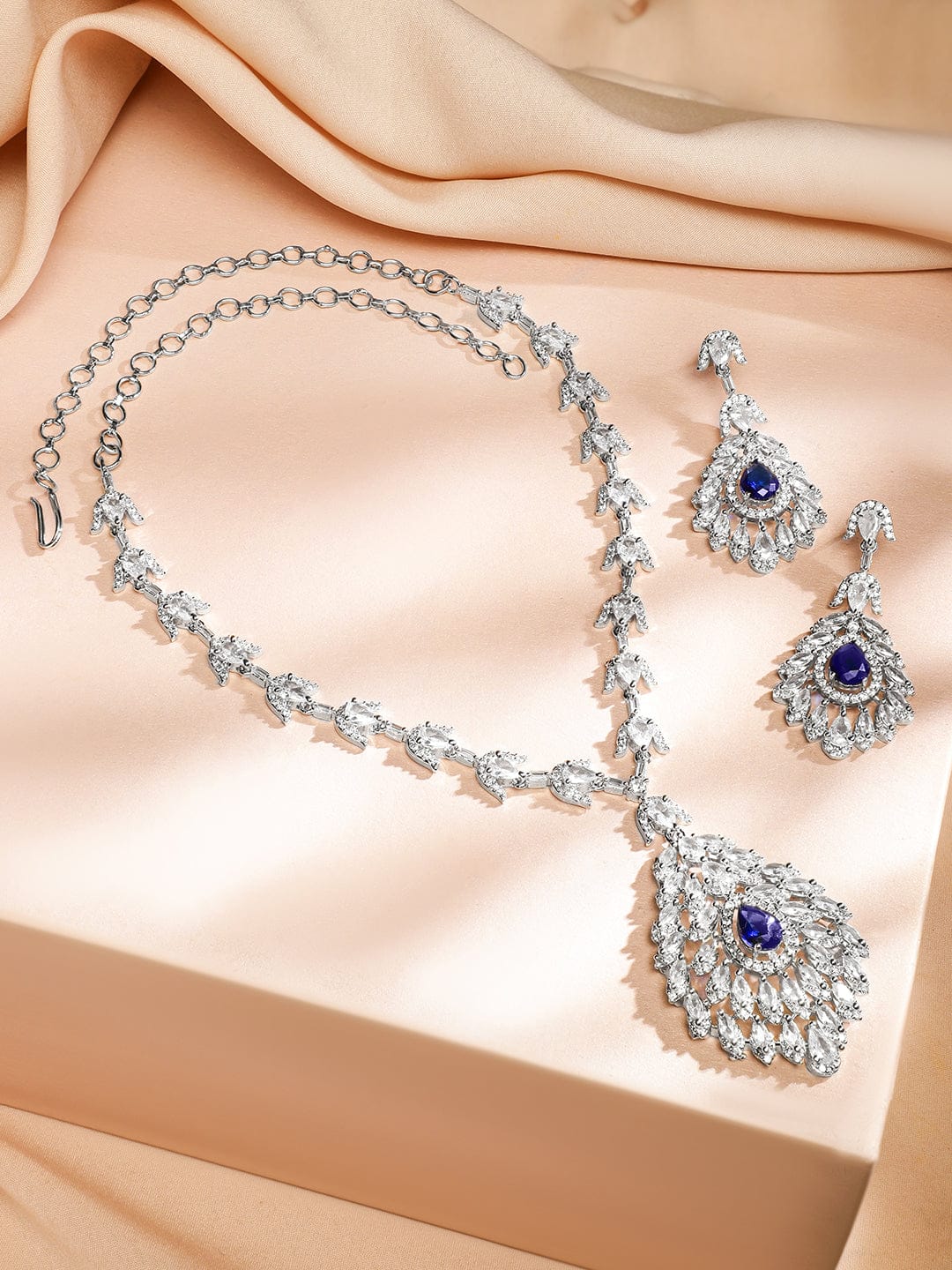 Blue Teardrop Necklace Set with American Diamond Zirconia Blue