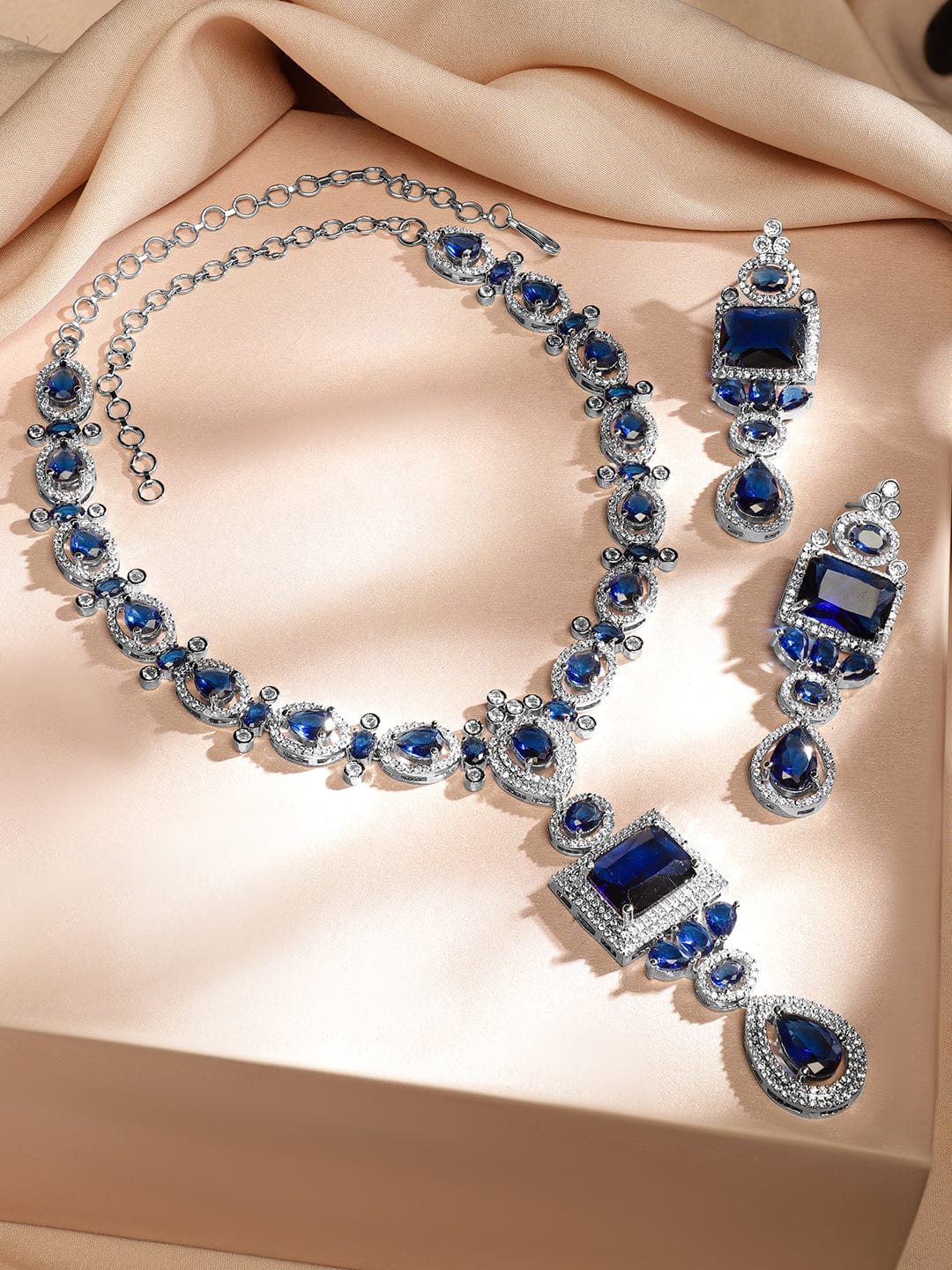 Blue Studded Necklace Set with American Diamond Zirconia Blue