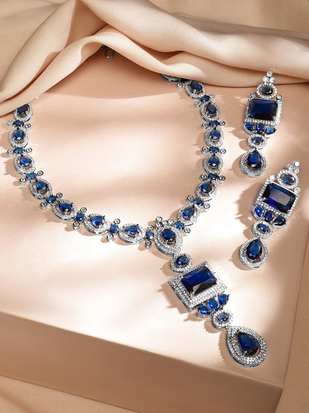 Blue Studded Necklace Set with American Diamond Zirconia Blue