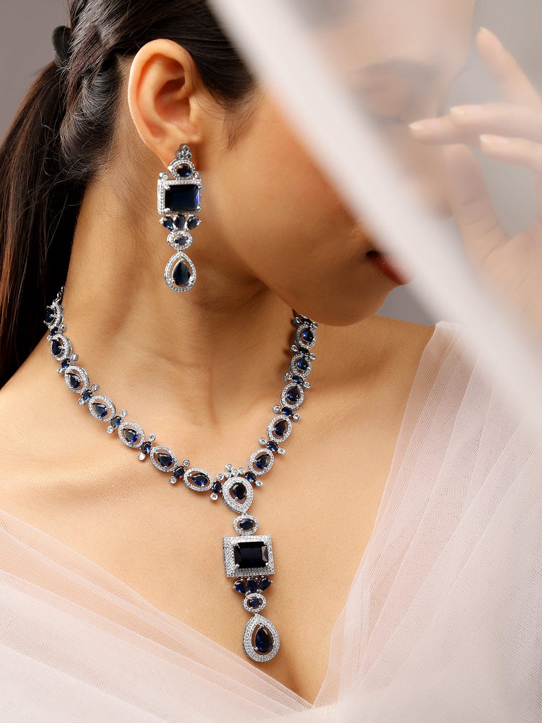 Blue Studded Necklace Set with American Diamond Zirconia Blue