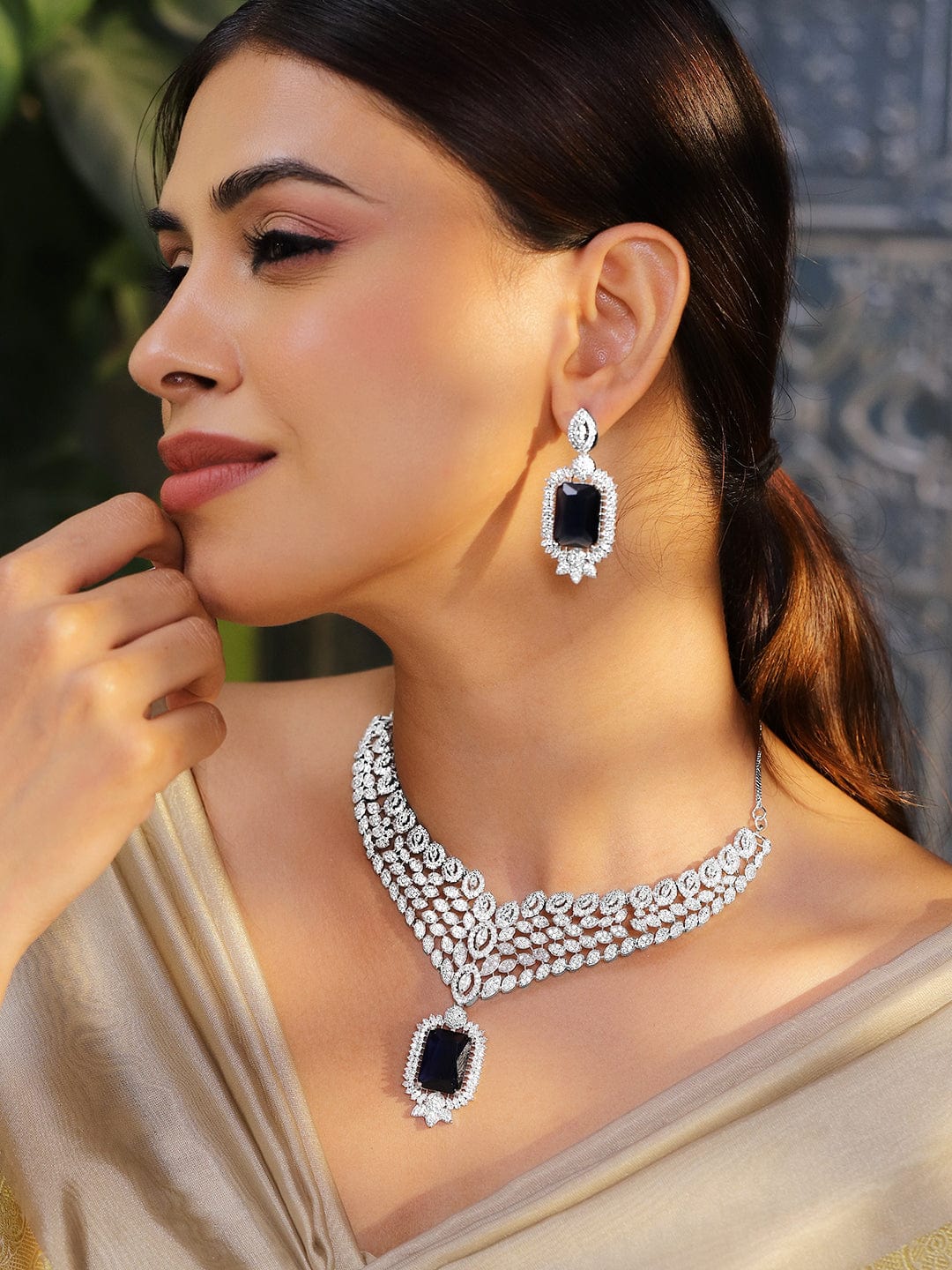 Blue American Diamond Zirconia Short Necklace Set Blue