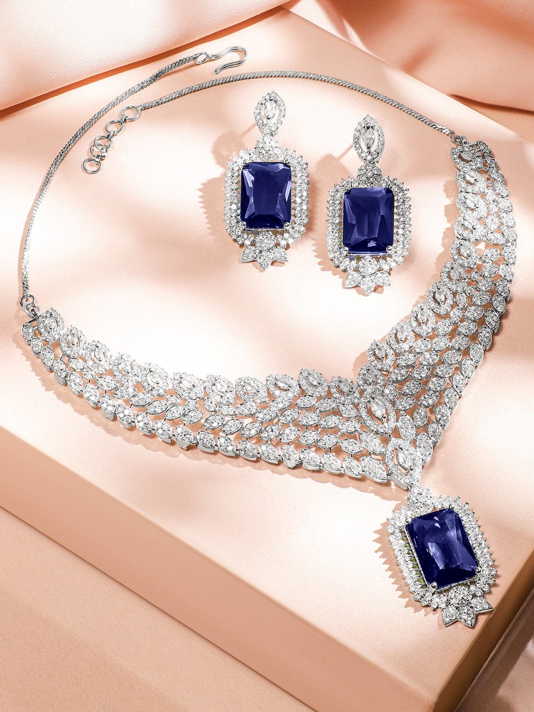 Blue American Diamond Zirconia Short Necklace Set Blue