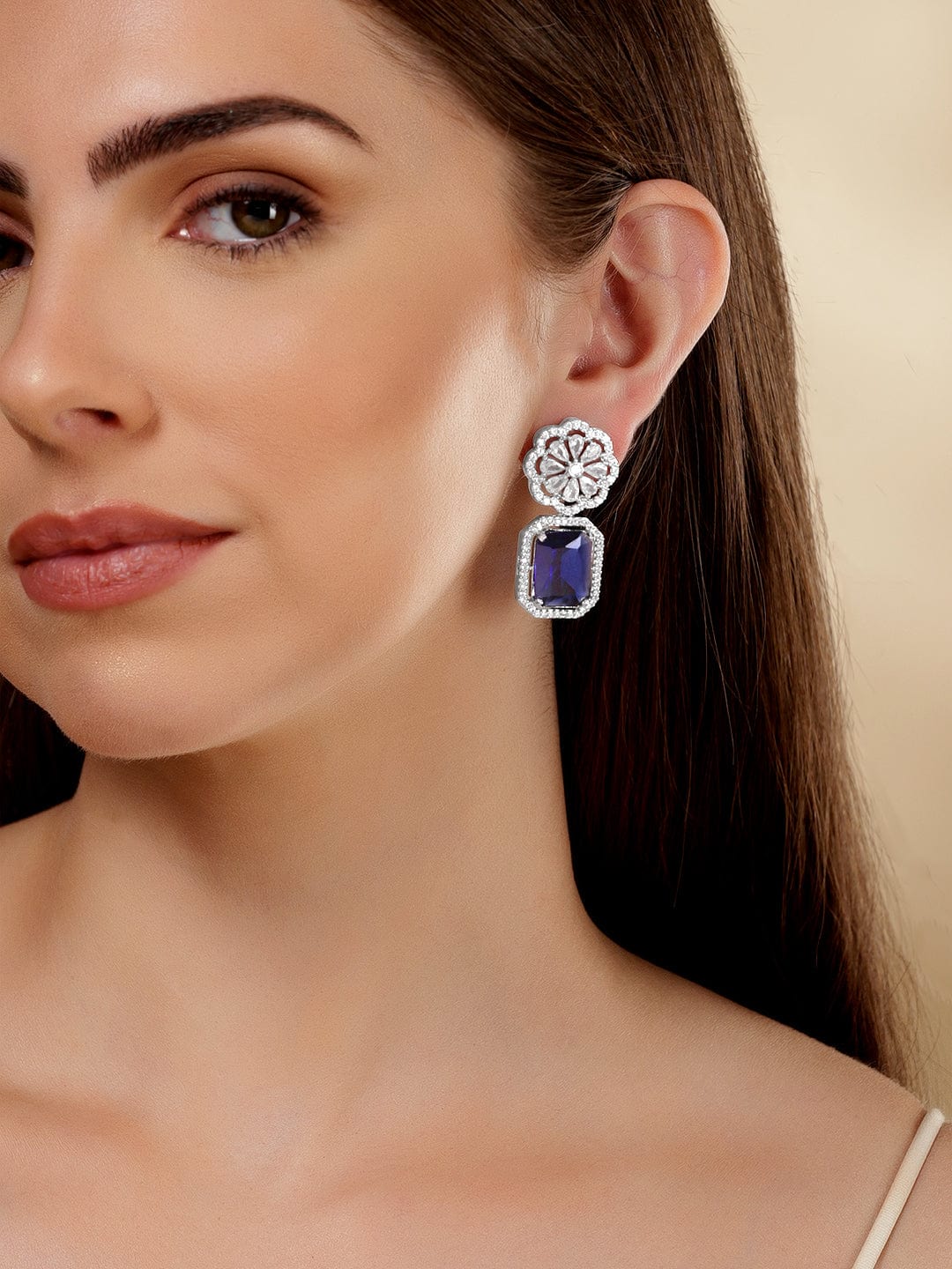 Royal Aura Blue Stone Drop Earrings Silver::Blue