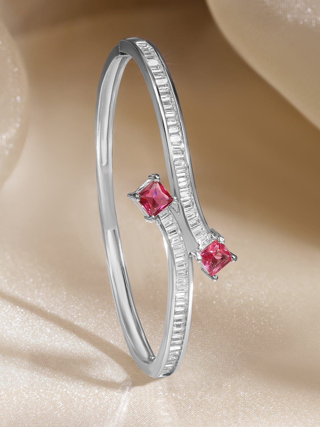 Rubans Rhodium-Plated Brass Classic Minimal Ruby Red & Cubic Zirconia Statement Bracelet フリーサイズ
