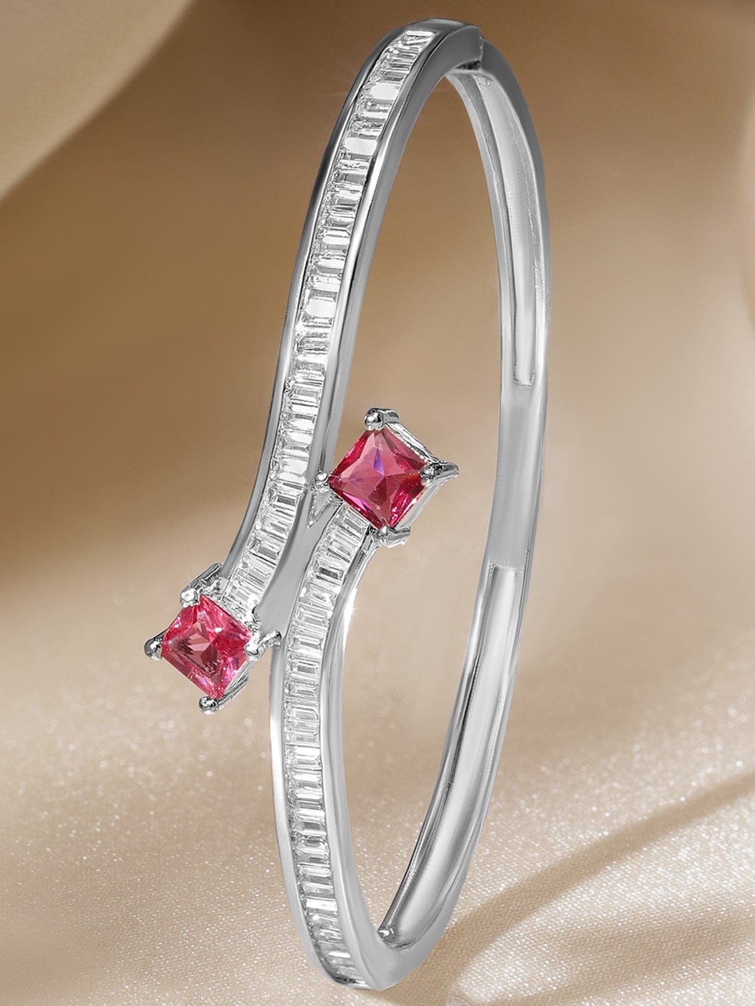 Rubans Rhodium-Plated Brass Classic Minimal Ruby Red & Cubic Zirconia Statement Bracelet フリーサイズ
