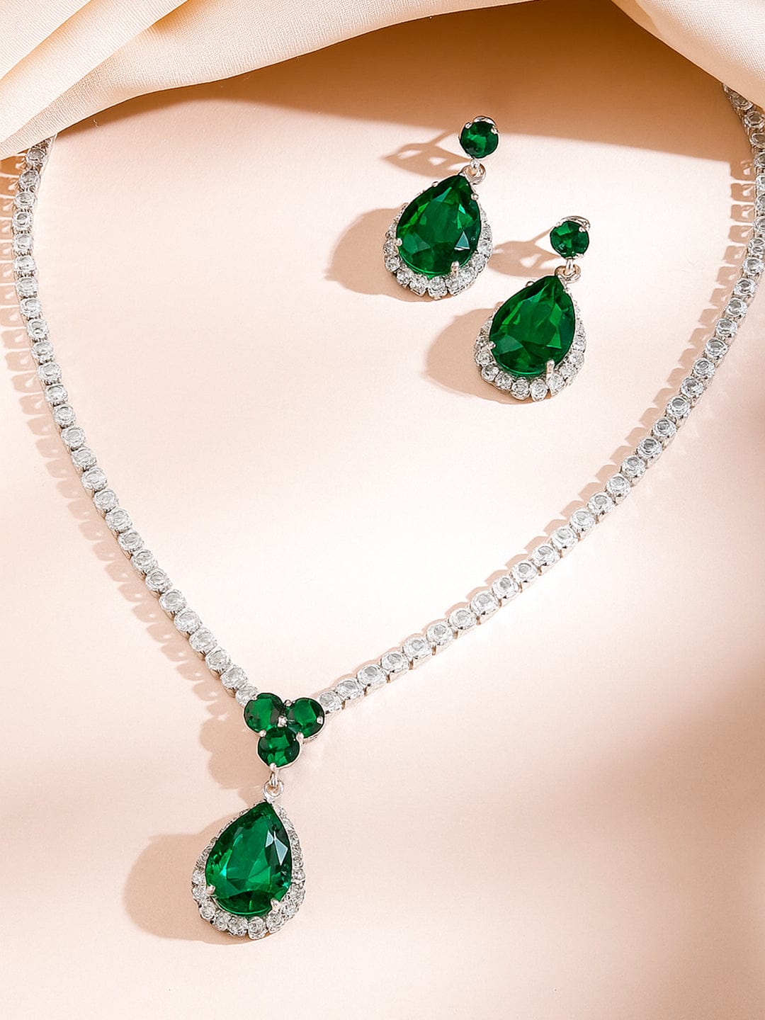 Emerald American Diamond Zirconia Teardrop Necklace Set フリーサイズ