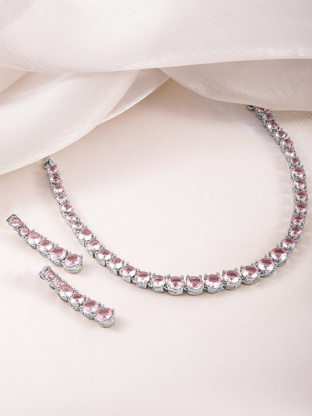 Pink Studded Necklace Set Silver