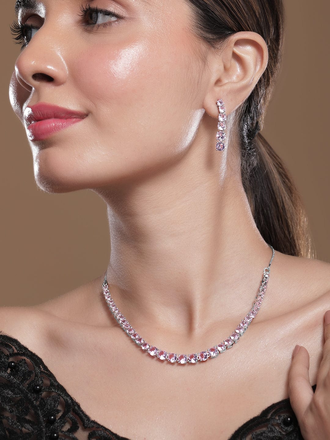 Pink Studded Necklace Set Silver