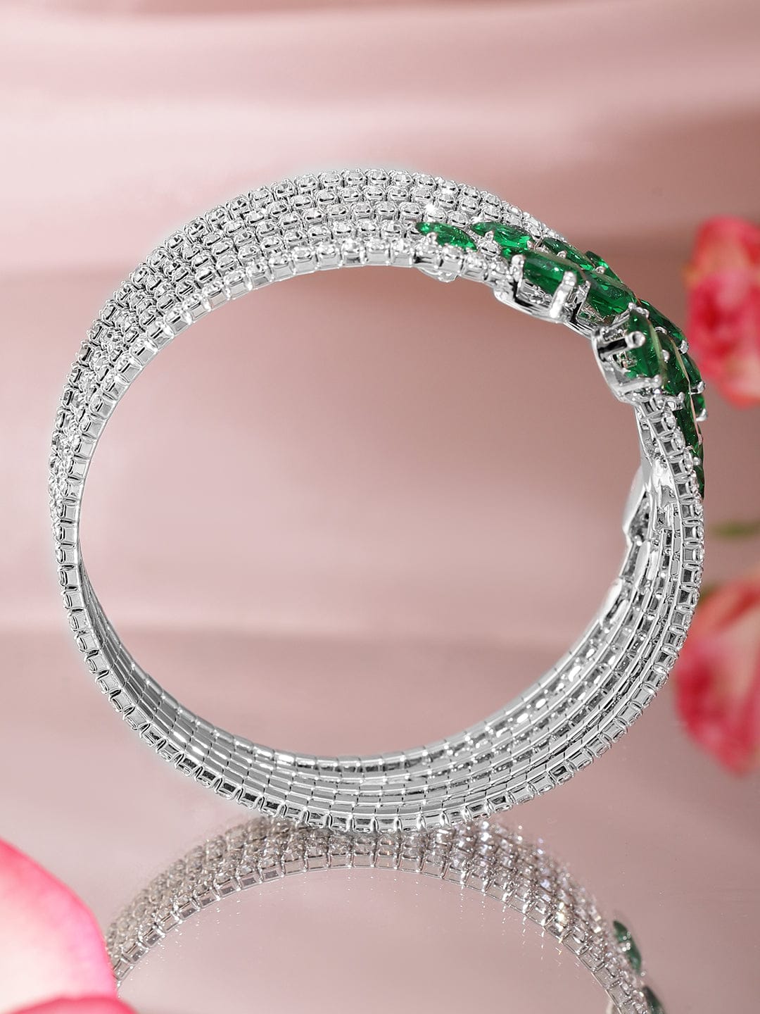 【Rubans】 American Diamond Zirconia Green Bracelet｜ロジウムメッキ グリーン アメリカンダイヤモンド ジルコニア カフブレスレット｜フリーサイズ