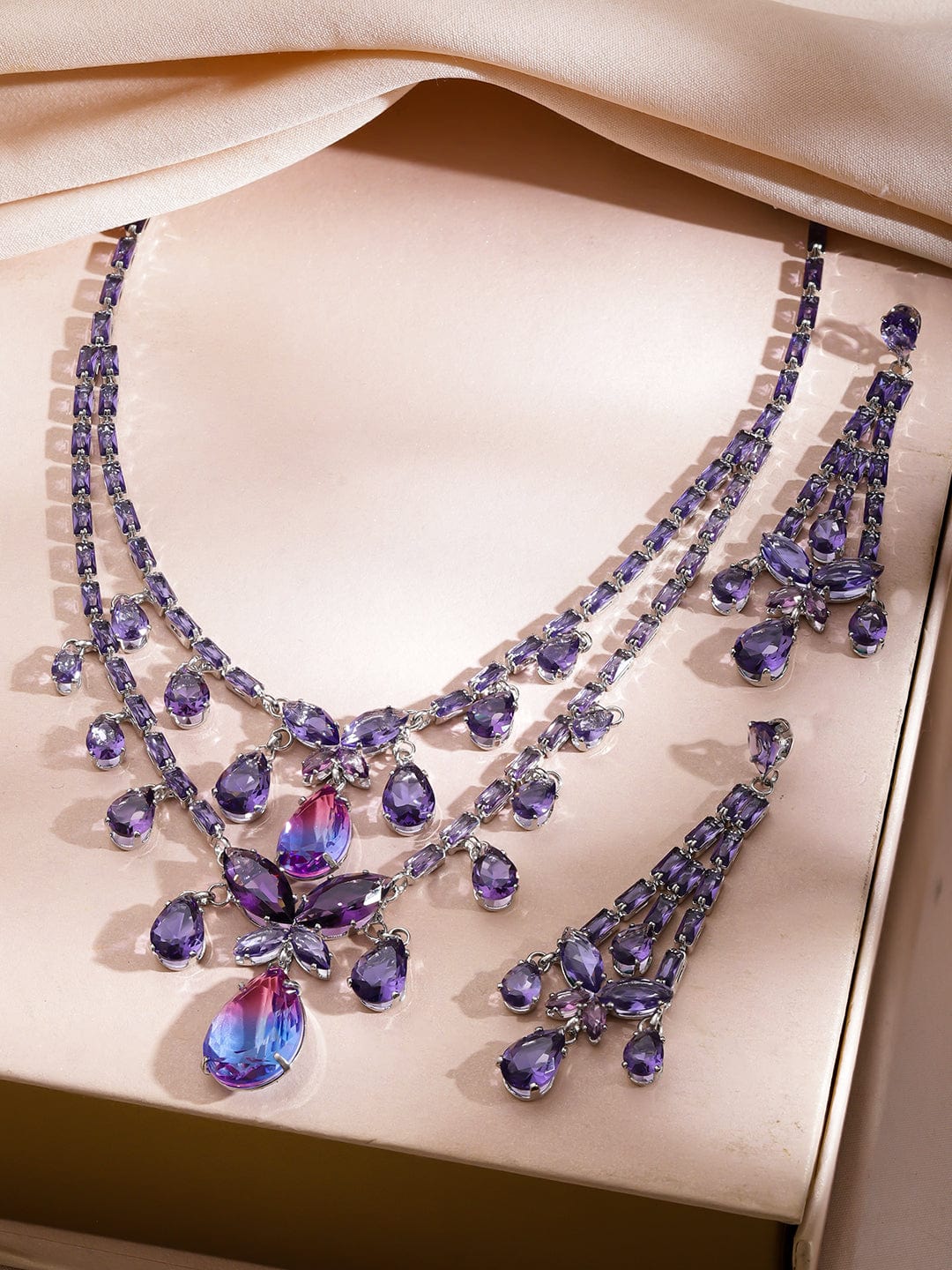Double Layer Purple Crystal Teardrop Necklace Set フリーサイズ