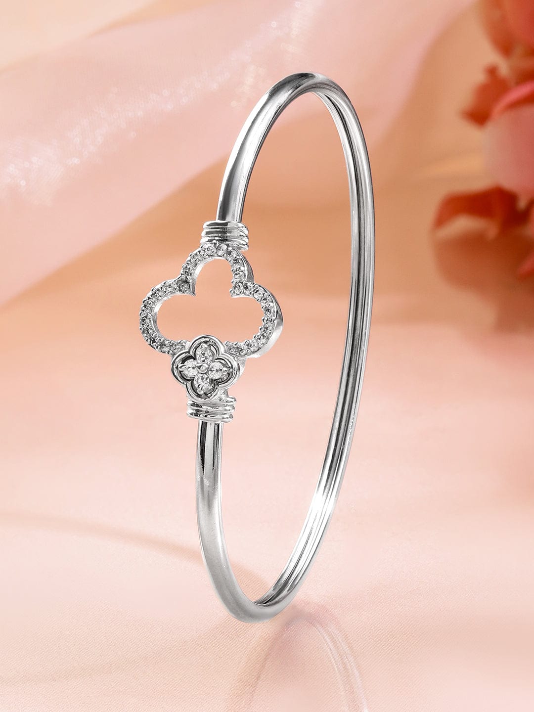 Rubans Rhodium-Plated Crystal Zirconia Studded Clover Motif Sleek Bracelet Silver