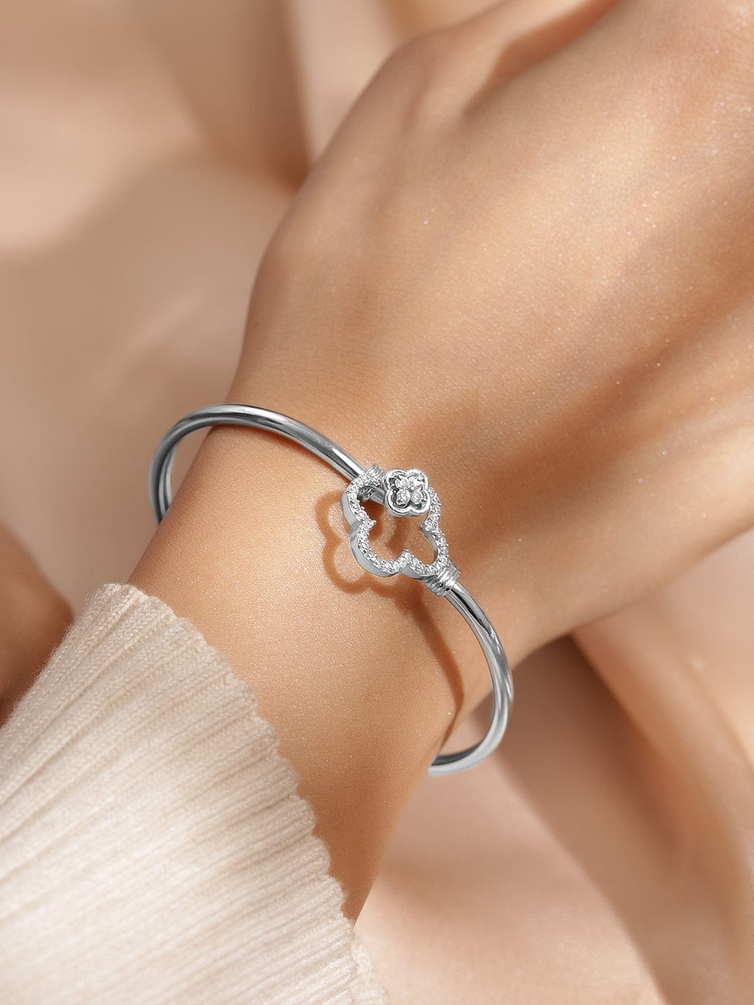 Rubans Rhodium-Plated Crystal Zirconia Studded Clover Motif Sleek Bracelet Silver