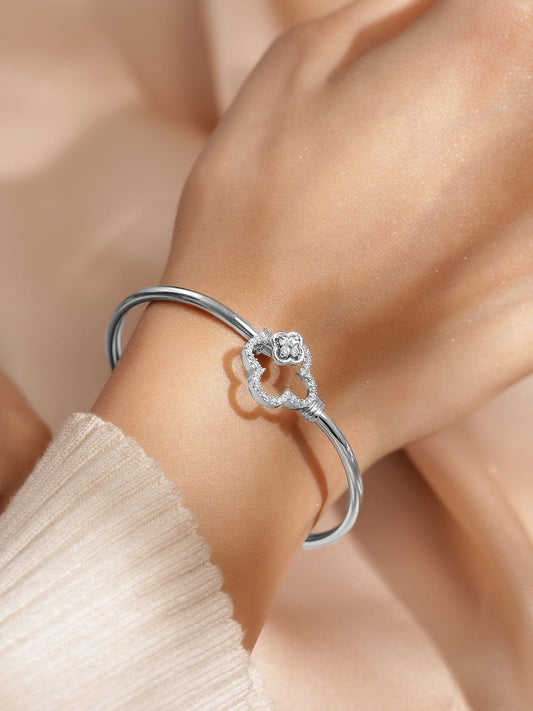 Rubans Rhodium-Plated Crystal Zirconia Studded Clover Motif Sleek Bracelet Silver
