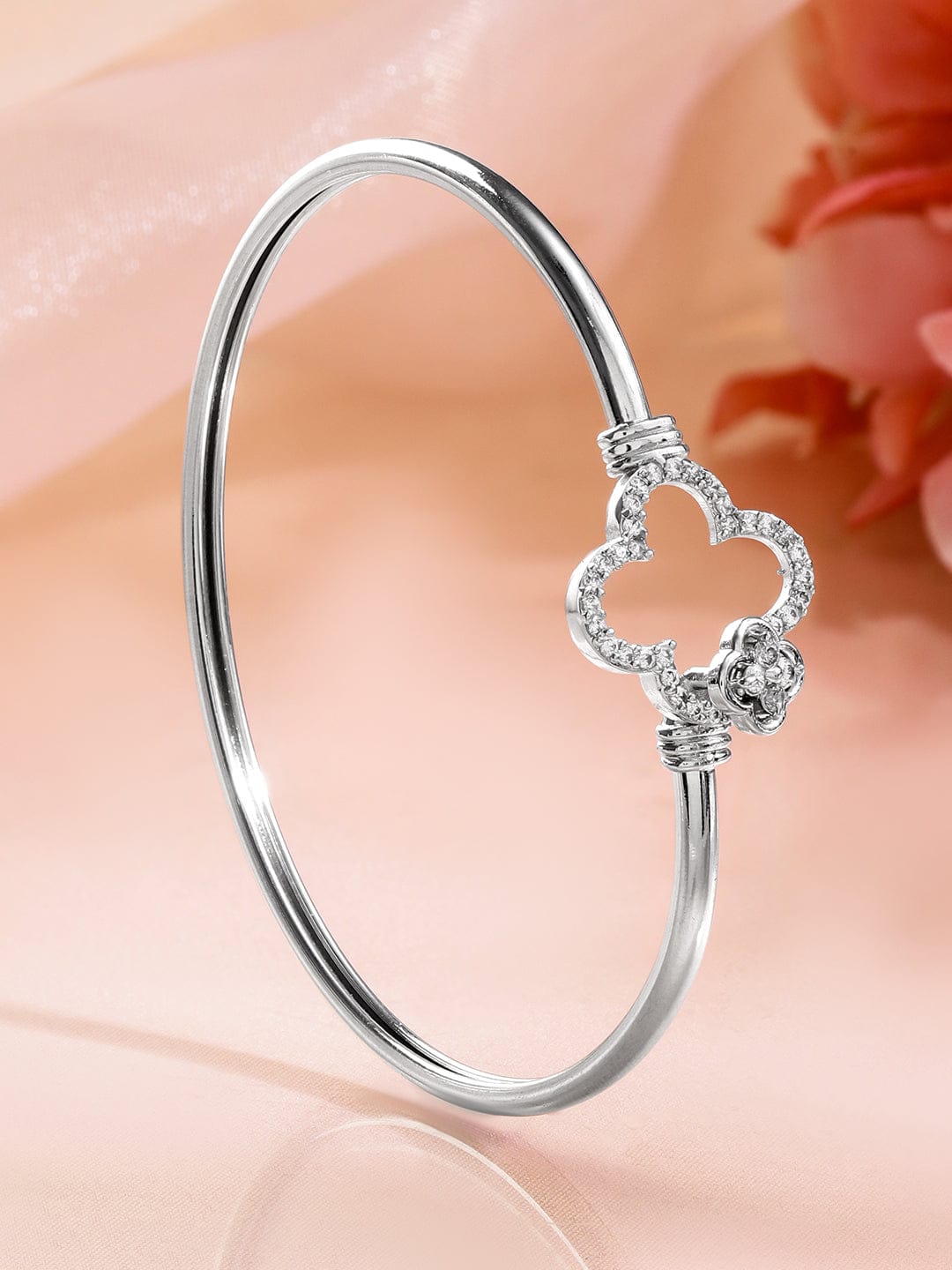 Rubans Rhodium-Plated Crystal Zirconia Studded Clover Motif Sleek Bracelet Silver